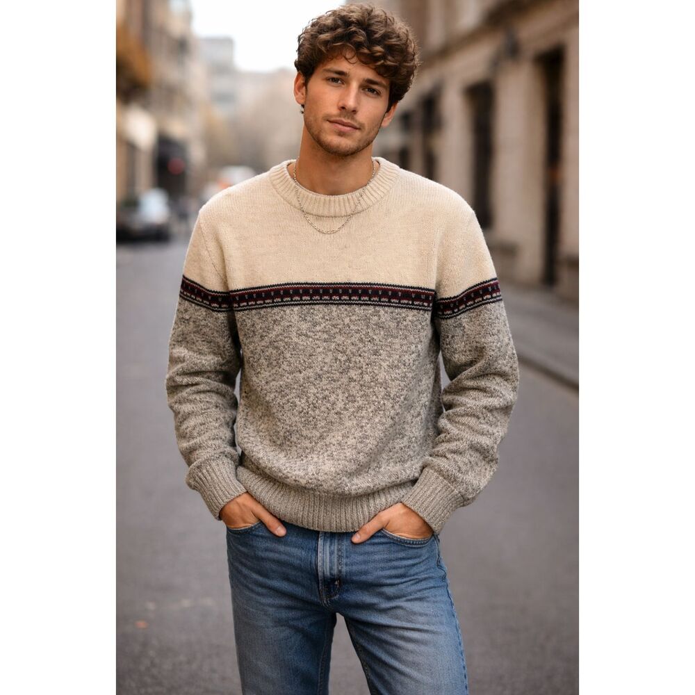 VTG Pendleton Lobo Sweater 100% Virgin Wool Crewneck 70s Cream Gray Men Medium